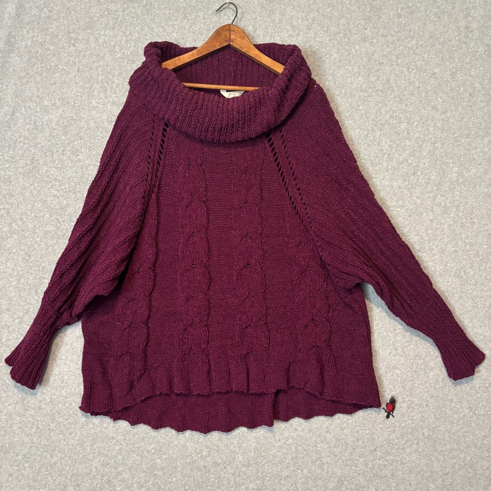 Terra & Sky Womens 3X Cable Knit Cowl Neck Sweater Burgundy Wine Recycled Yarn